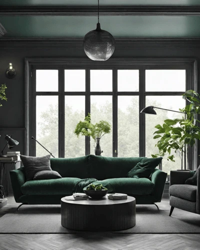 dark grey living room with green sofa