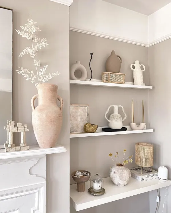 farrow and ball elephants breath alcove shelving in the living room