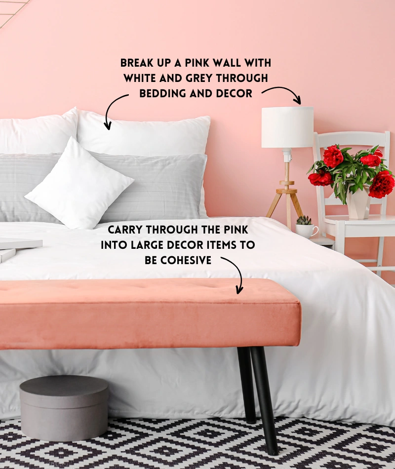 How to style a pink bedroom with white and grey bedding