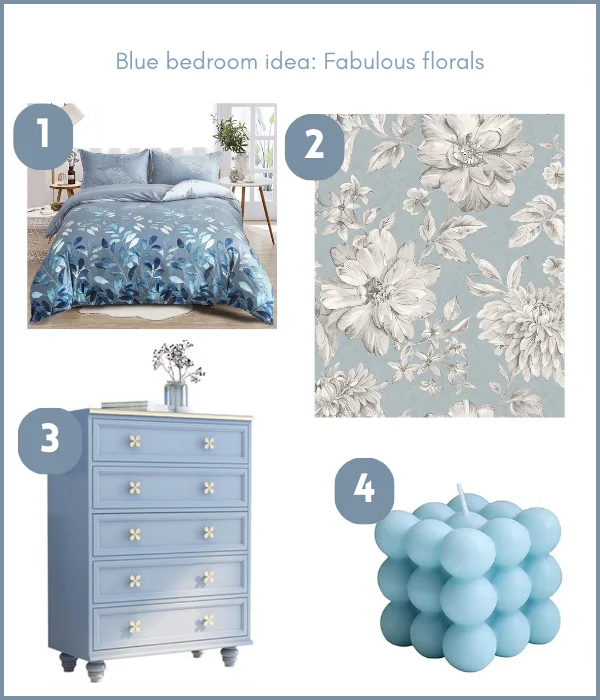 blue bedroom decor options for a floral themed bedroom