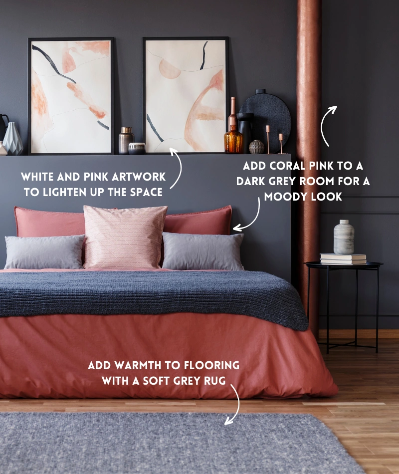 how to style a dark grey bedroom with pink decor