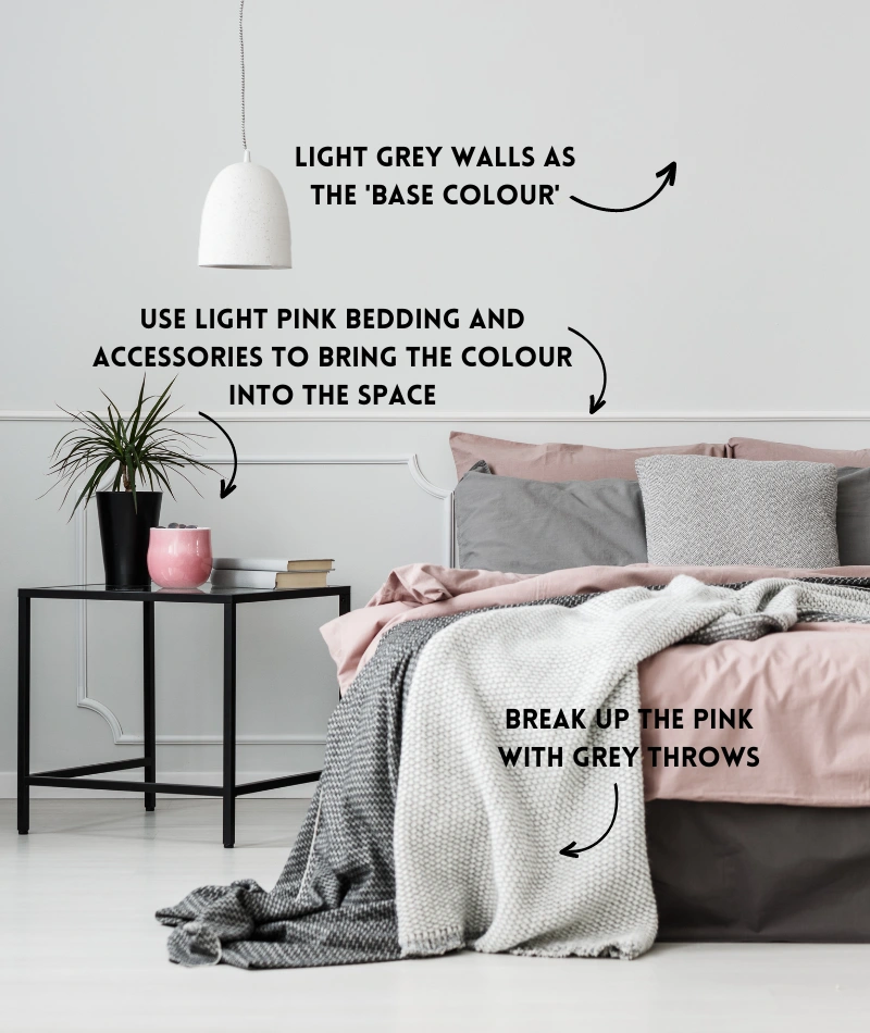 how to style a light grey bedroom with dusty pink decor