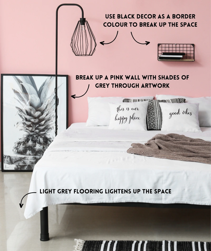 how to style a pink bedroom with grey decor