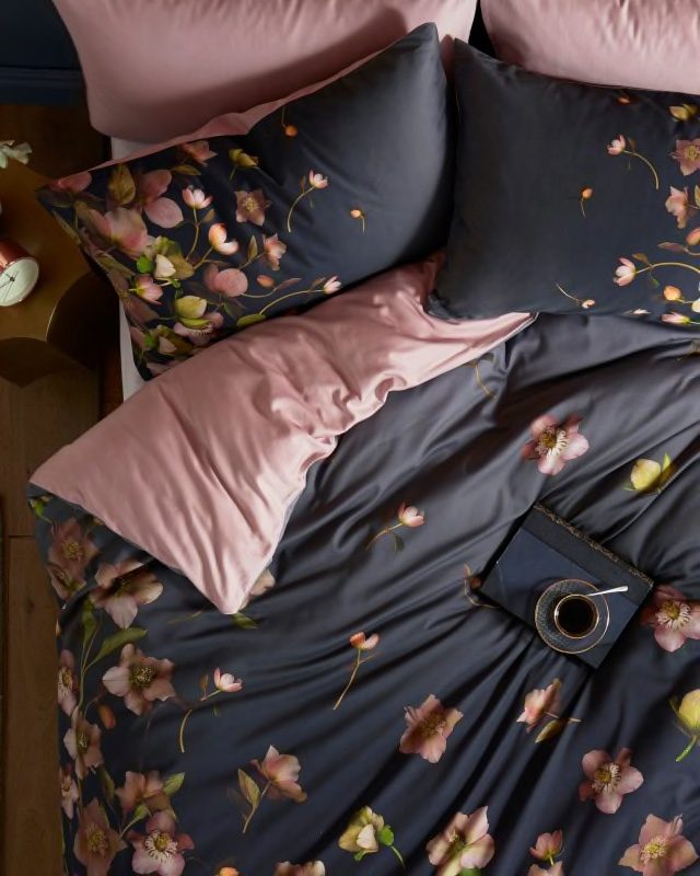 dark blue and pink floral duvet 