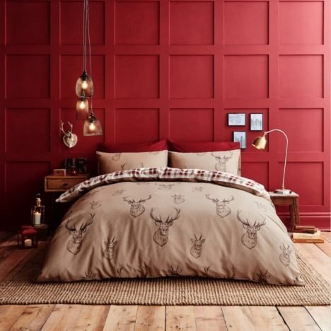 moody bedroom with red shaker panelling 