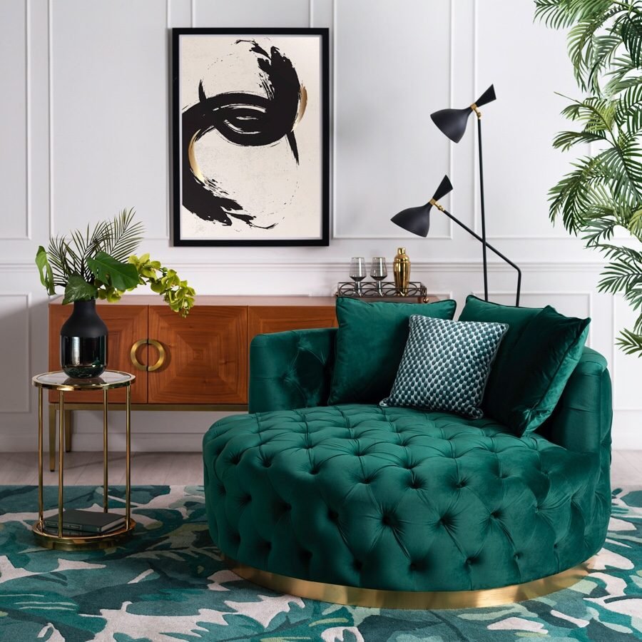 Green velvet loveseats- best living room colour schemes