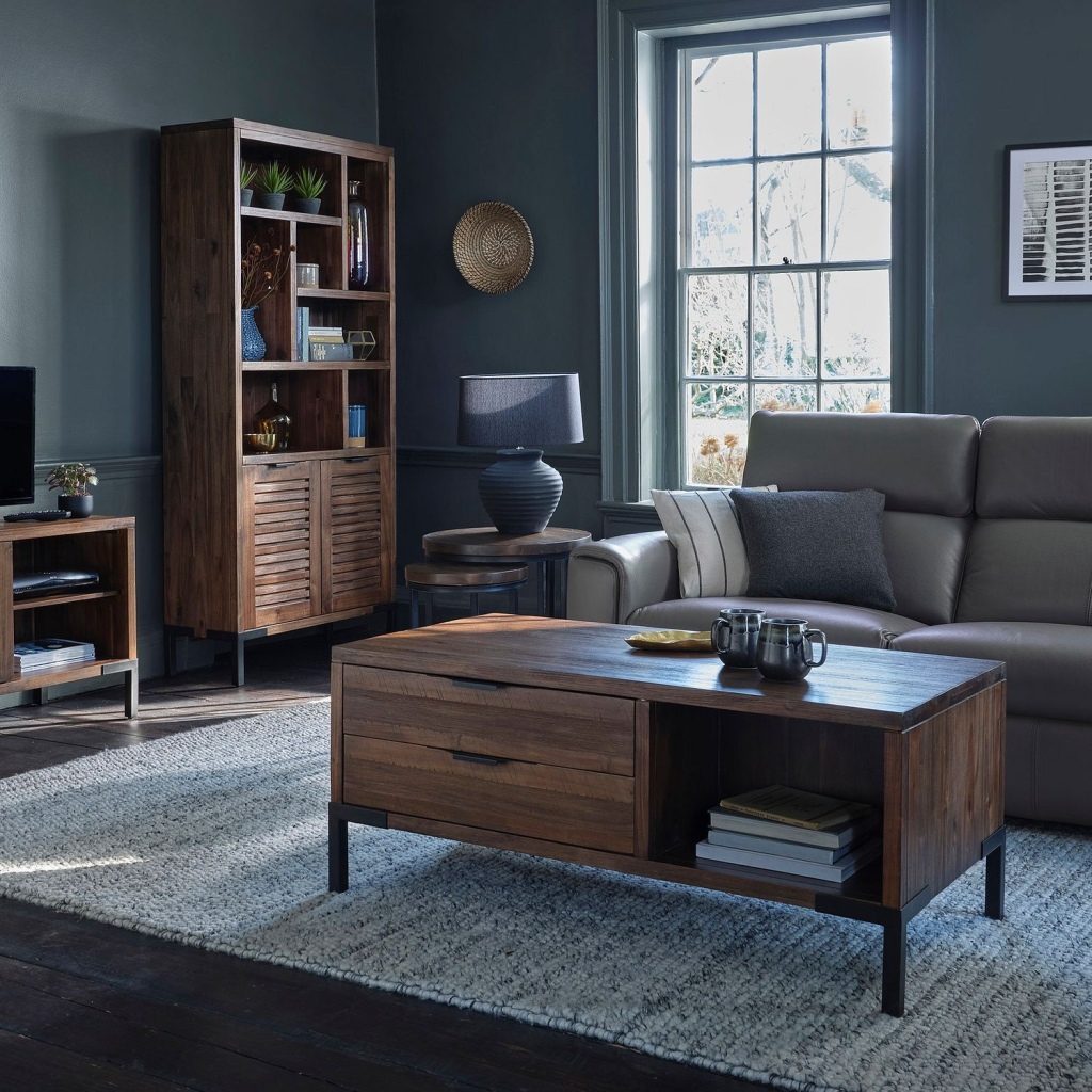 best living room colours - mid blue and brown 