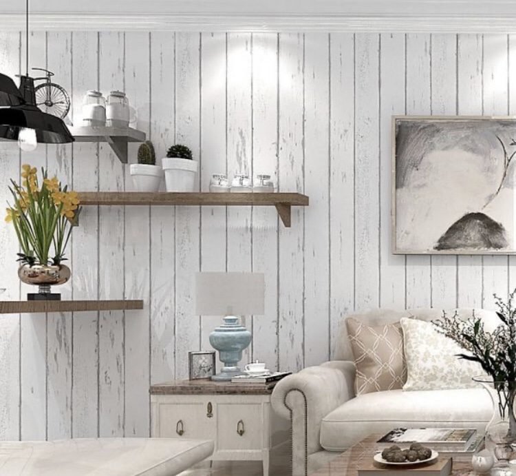 rustic wood effect panel wallpaper for a living room