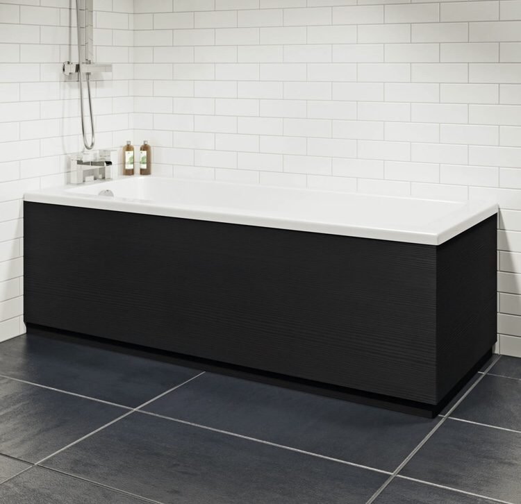 Modern bathroom with black wood bath panel