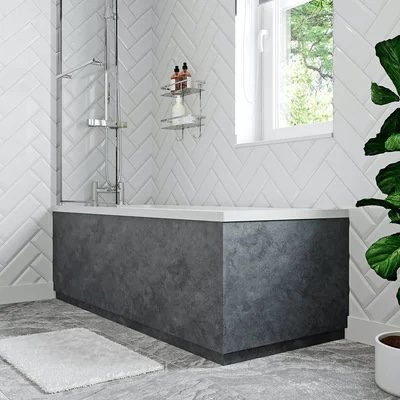 Grey and white bathroom with stone effect bath panels 