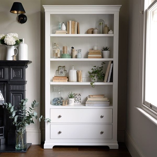 Country home decor bookcase -How to style a White Living Room 