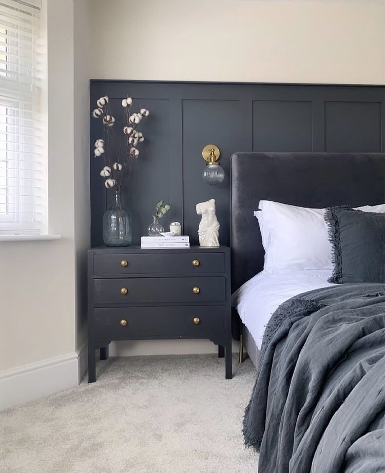 modern navy blue wall panelling in bedroom behind the bed