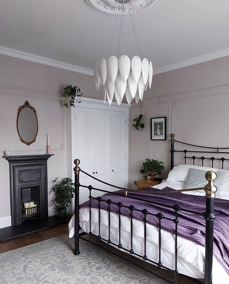 modern bedroom wall panelling idea - purple bedroom with cream panelling