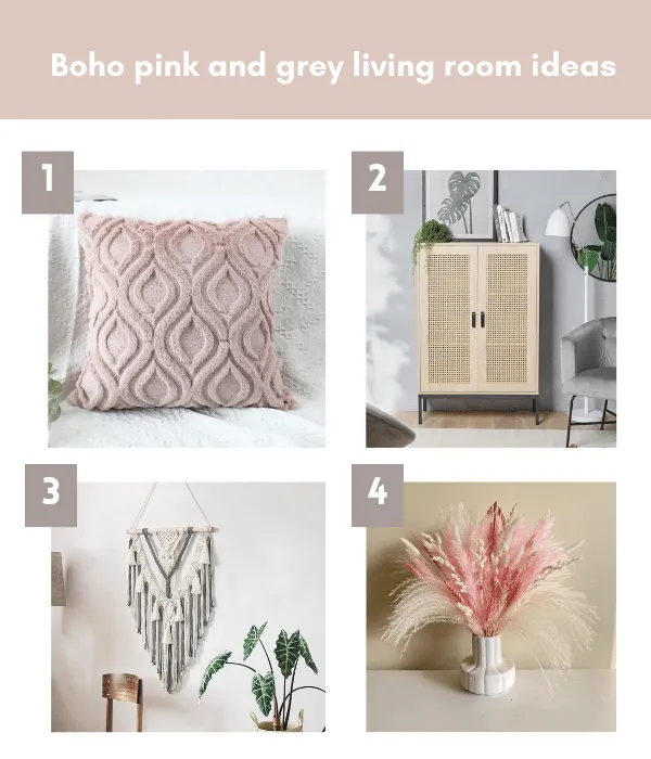 bohemian pink and grey living room