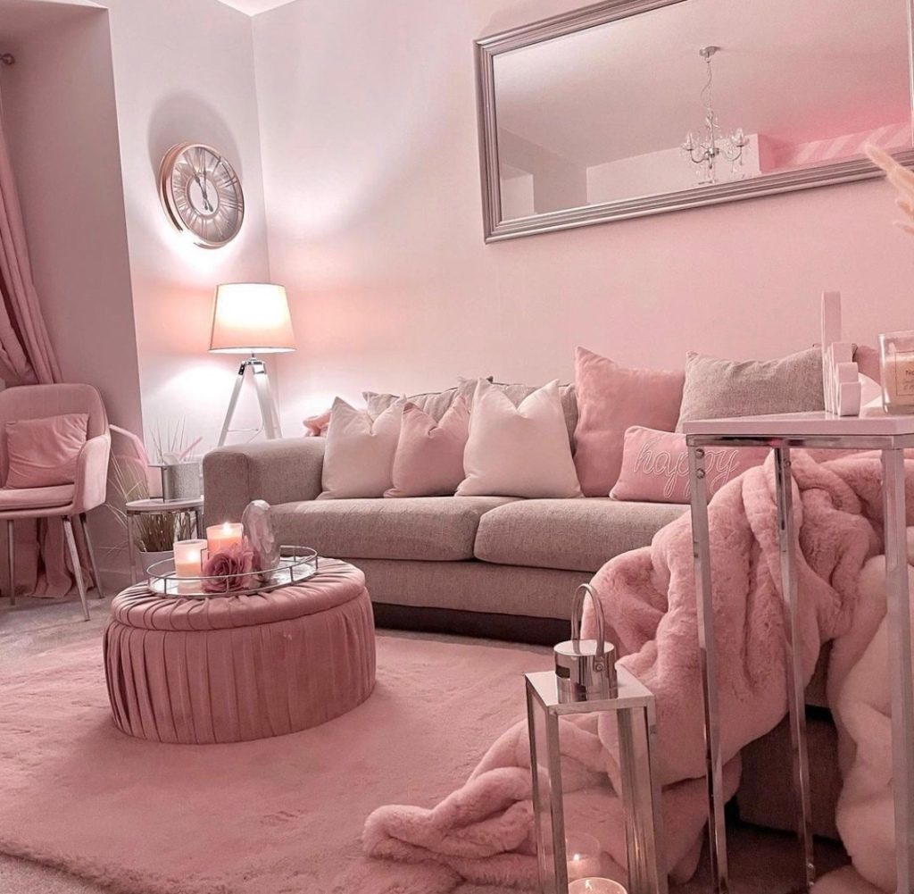 glamorous and cozy pink and grey living room