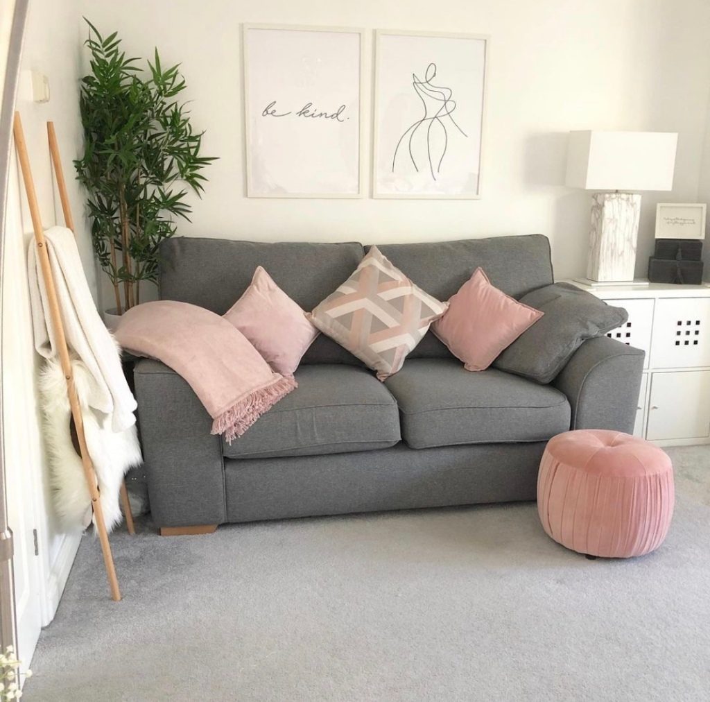 pink and grey sofa idea in a white living room