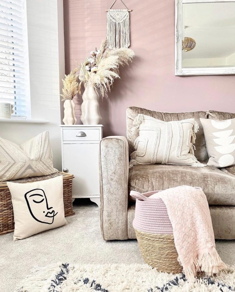 dusty pink and grey living room boho style 