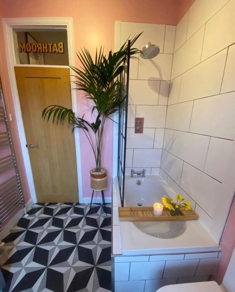 smal bathroom with pink walls 