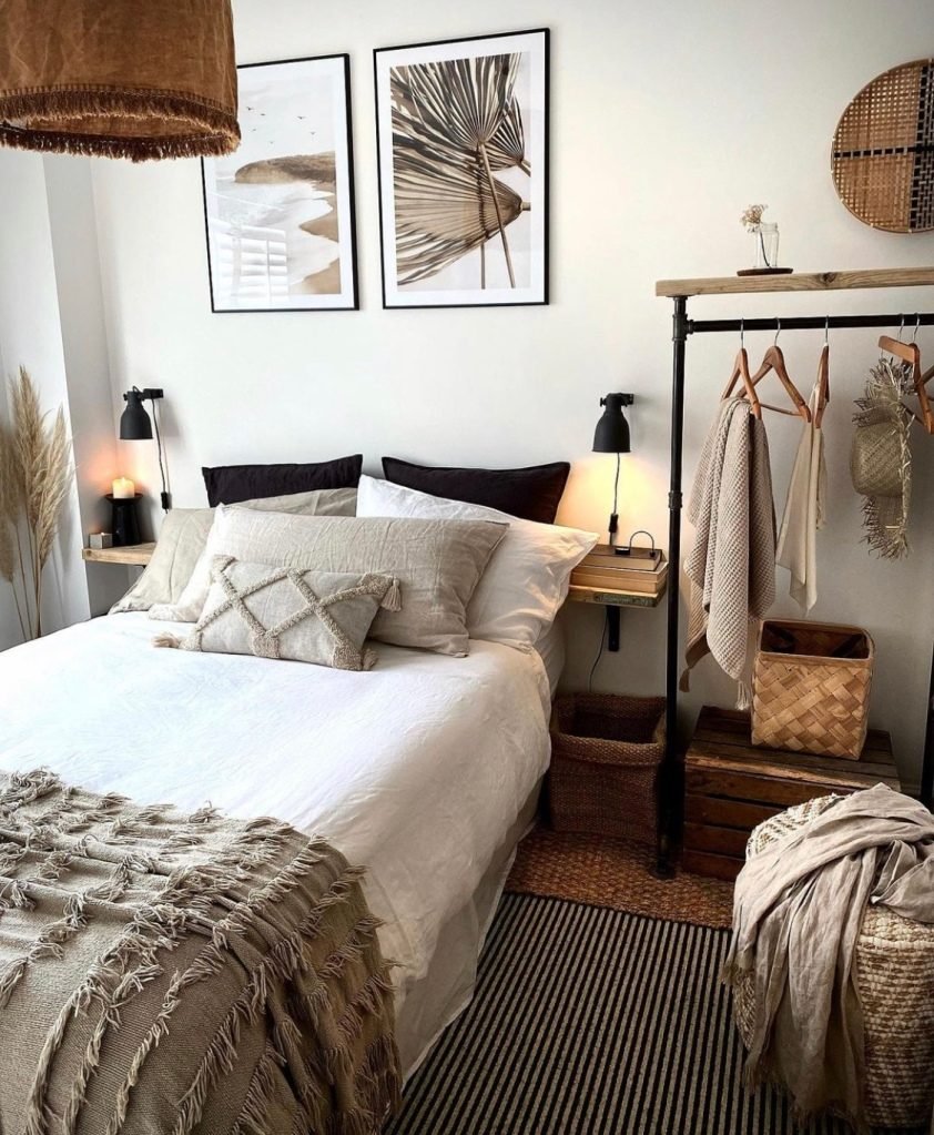 Warm up your grey bedroom with neutrals for a bohemian look