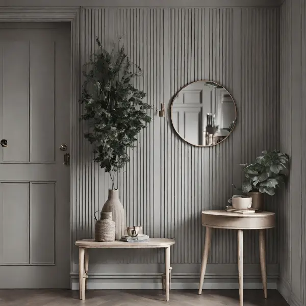 grey and beige hallway with slat panelling