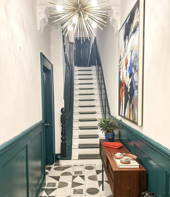 hallway panelling ideas - green panelled hallway and stairs in a victorian home