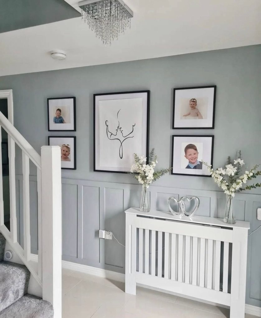 blue hallway panelling with radiator cover 