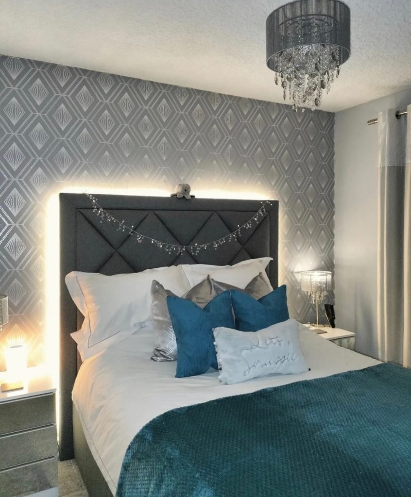 Grey bedroom idea with light up headboard and white bedding 
