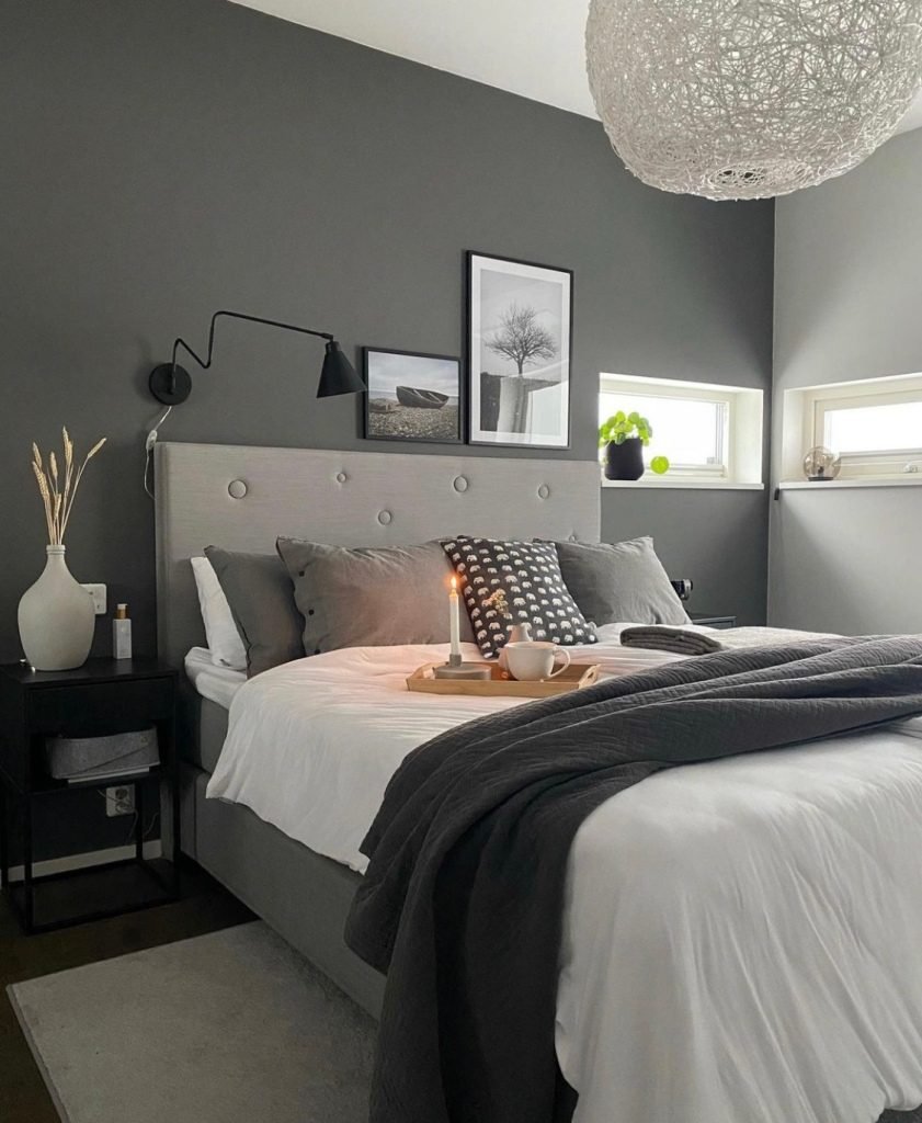 dark grey and white bedroom minimalist scandinavian style 