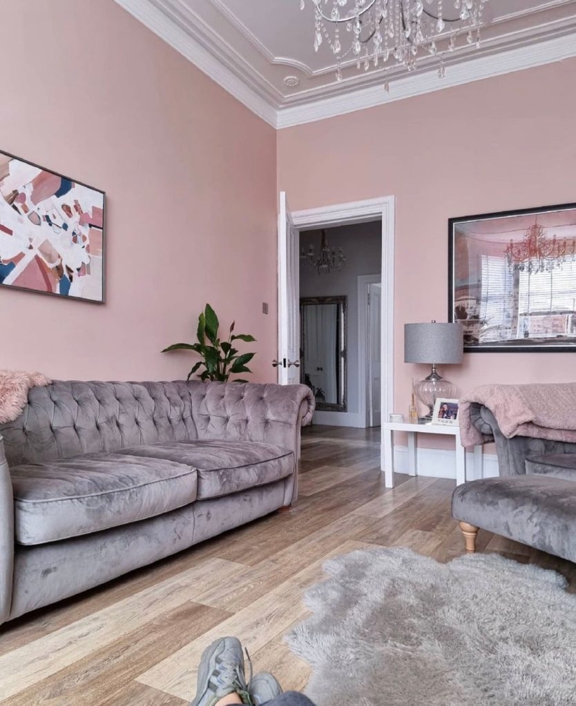 Dusty pink and grey living room 