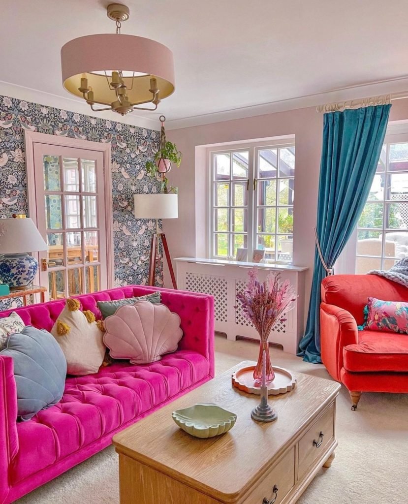 Bold pink and blue living room 