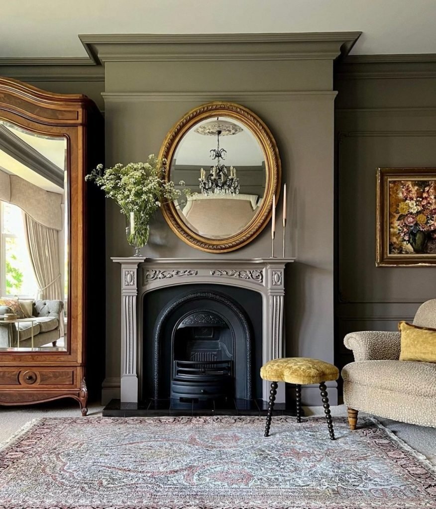 Dark grey wall colour in an Edwardian living room