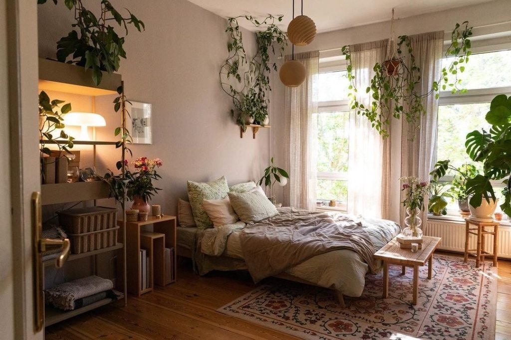 Cover image for best bedroom plants showing a cozy bedroom with plant decor