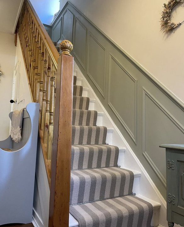 neutral hallway ideas - green and cream hallway with stair runner