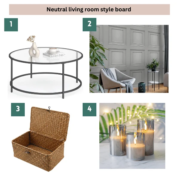 living room wall panelling mood board for a neutral living room