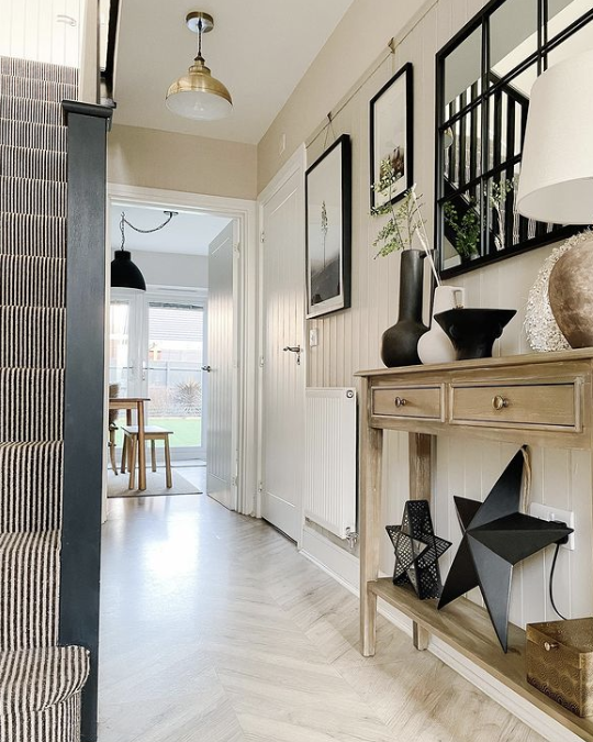 hallway console table ideas - neutral hallway with wood console table