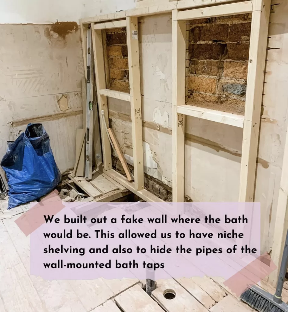 vintage bathroom rennovation - added a fake wall and shelving