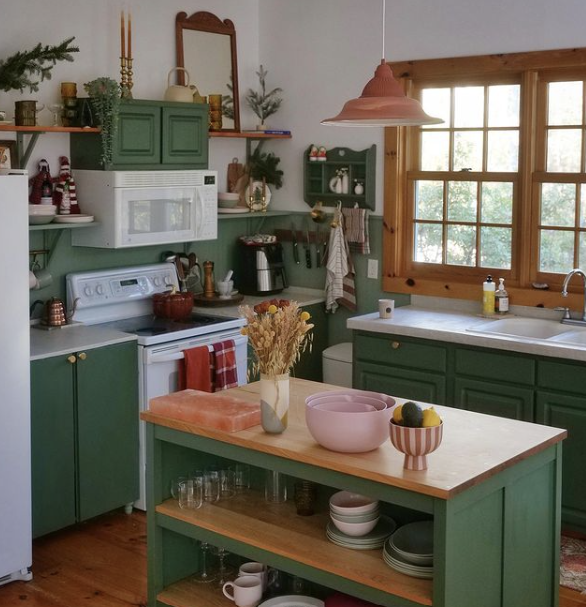 DIY Kitchen Project Ideas - colourful painted green kitchen with island