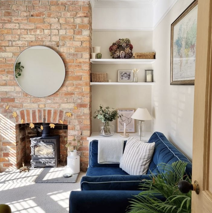 brick fireplace alcove shelving idea