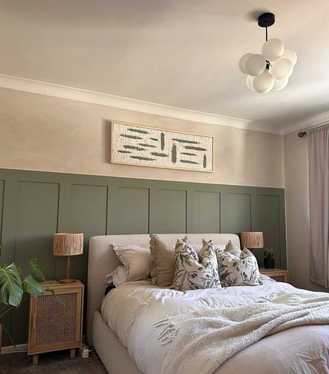 sage green panelling in a Japandi style bedroom