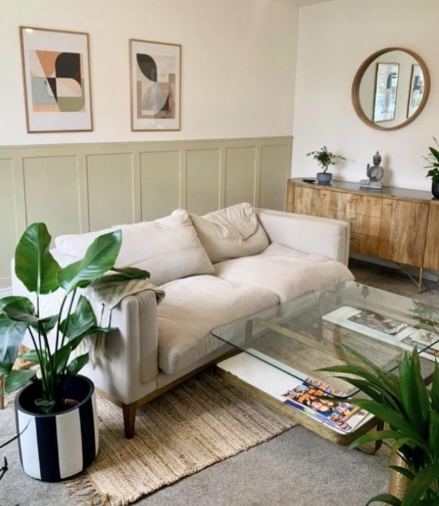 sage green panelling in living room boho style