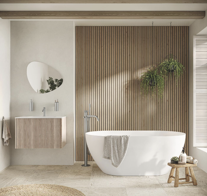 wood slat panelling in a neutral bathroom