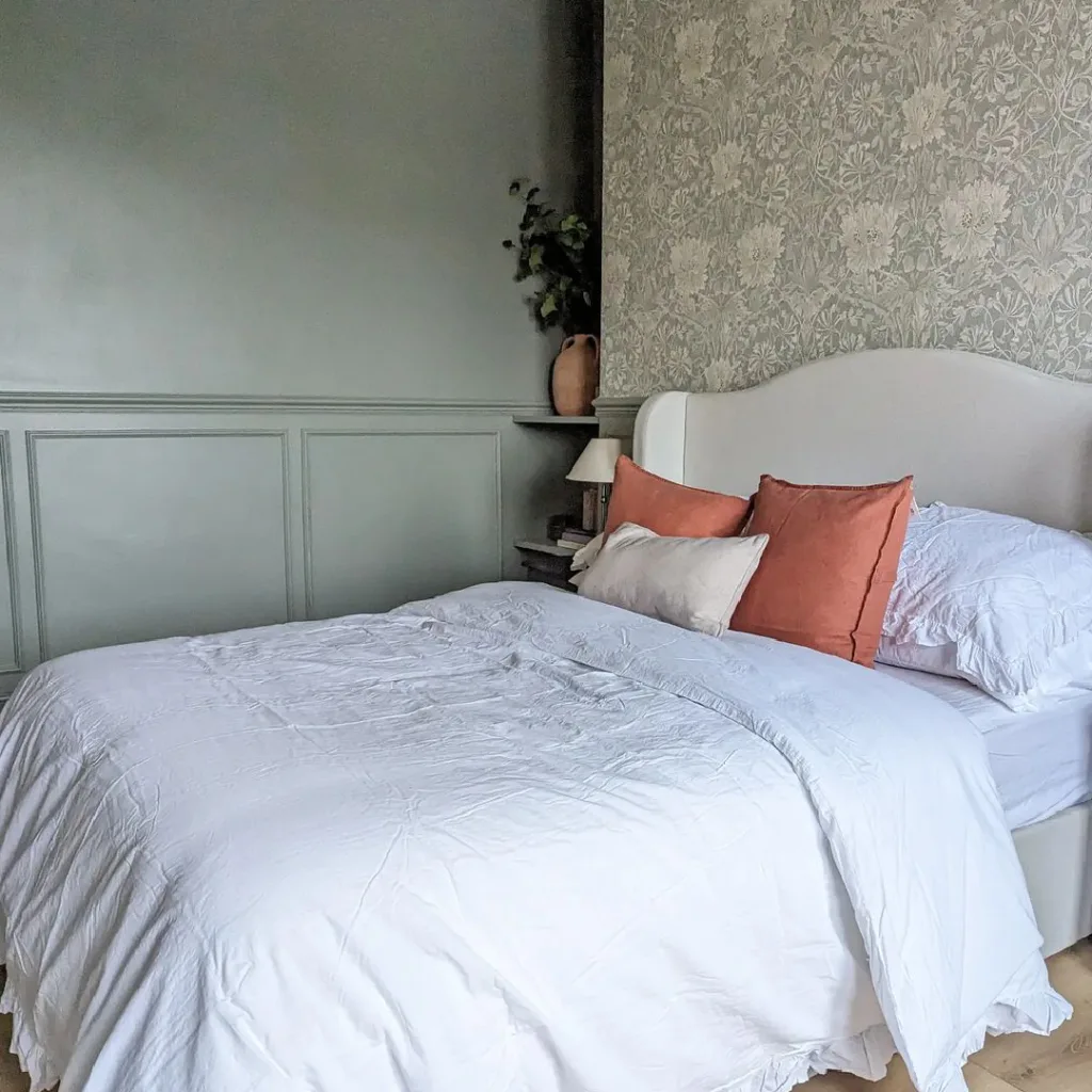 Farrow and Ball pigeon in a bedroom with pattern wallpaper