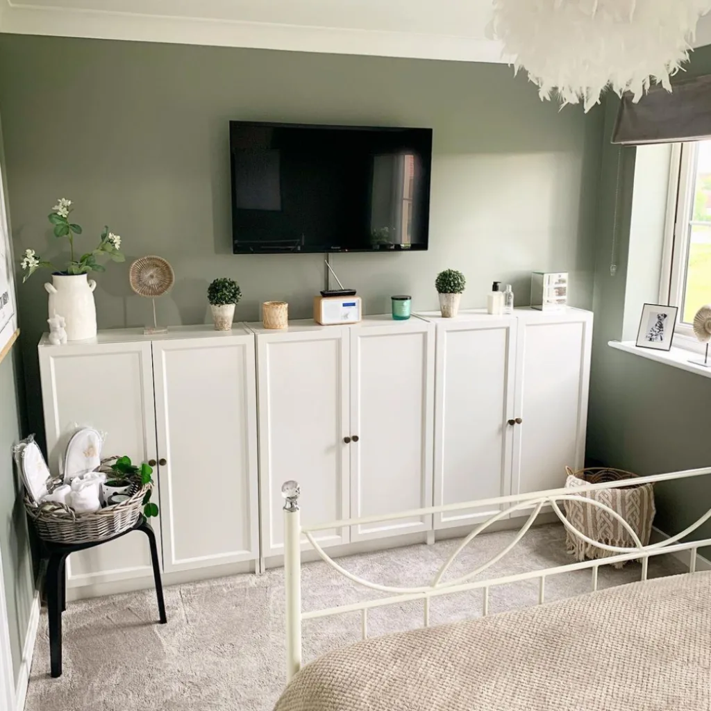 Farrow and Ball pigeon in a bedroom with white furniture