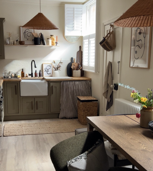 Japandi style kitchen with scandinavian cupboards and japanese style lamp shades