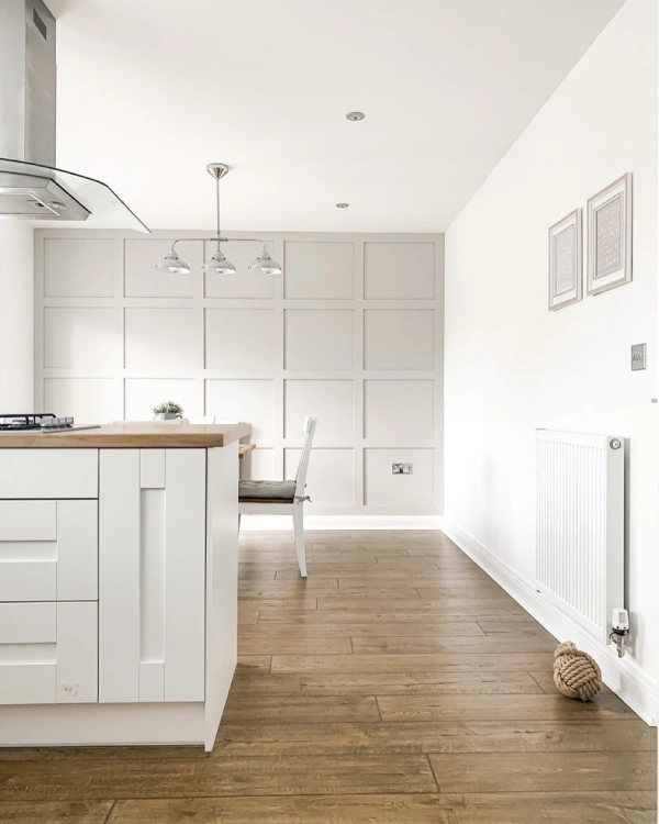 White kitchen with grey shaker panelling