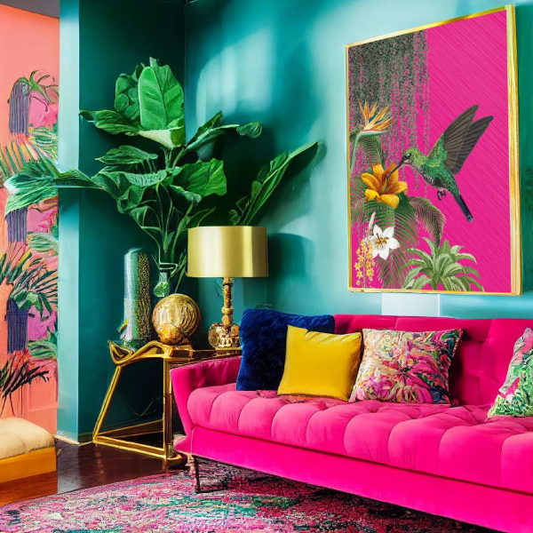 blue living room with pink sofa - Barbiecore interior trend