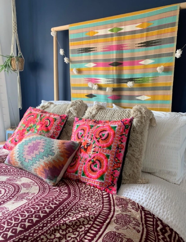 eclectic bedroom pillows and throws