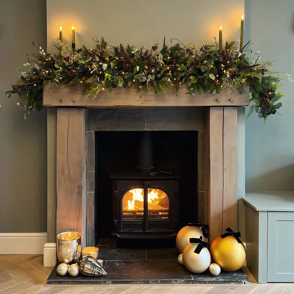 farrow and ball pigeon in a living room with cozy fireplace