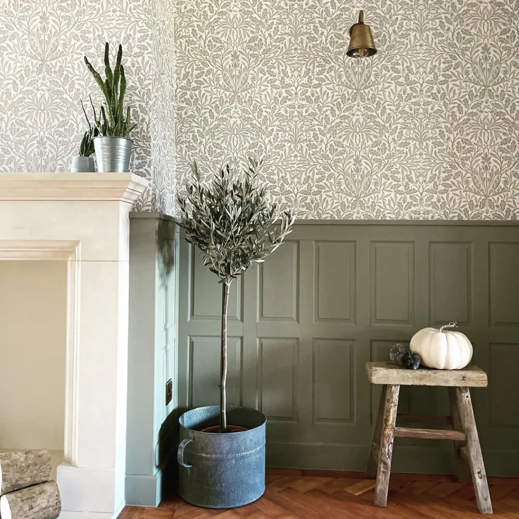 farrow and ball pigeon wall panelling in a living room