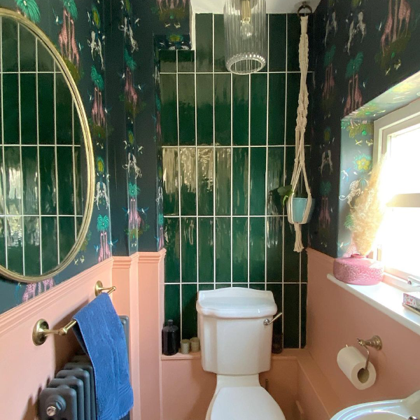 green and pink toilet - quirky downstiars toilet ideas